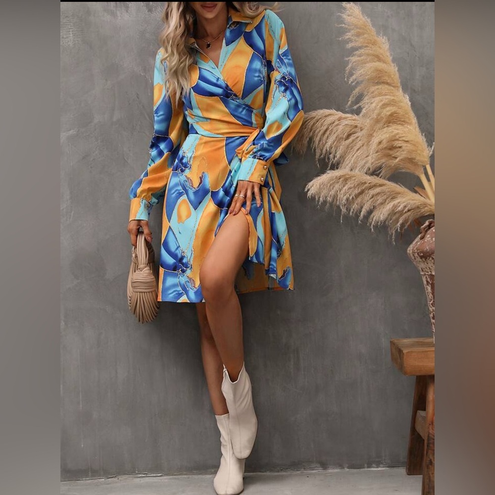 Teal & Orange Tie-Waist Dress — Boutique Quality, Long Sleeves & Collared